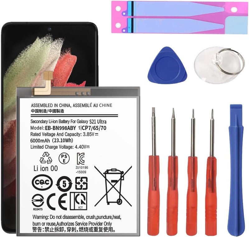 ITMBET Battery for Samsung Galaxy S21 Ultra, [6000mAh] Upgraded 2024 New 0 Cycle EB-BG998ABY Battery Replacement for Samsung Galaxy S21 Ultra 5G SM-G998B/DS SM-G998U with Replacement Tool Kits - Image 1
